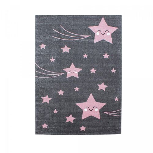 Tapis Enfant 80x150 Rectangle Tissé Rose Et Gris Kid Stars