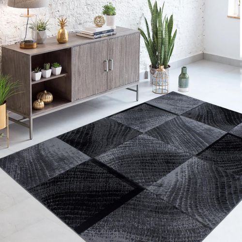 Tapis Salon 200x290 Tissé Gris Et Noir Rectangle Motif Géométrique Sipur