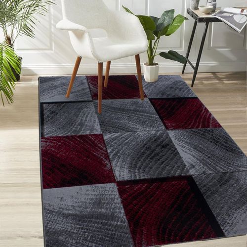 Tapis Salon 200x290 Tissé Rouge Et Gris Rectangle Motif Géométrique Sipur