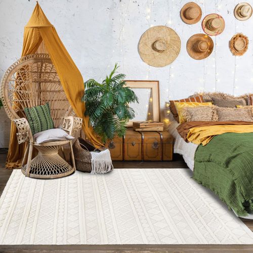 Tapis Salon 160x230 Tissé En Laine Crème Rectangle Motif Scandinave Tinca