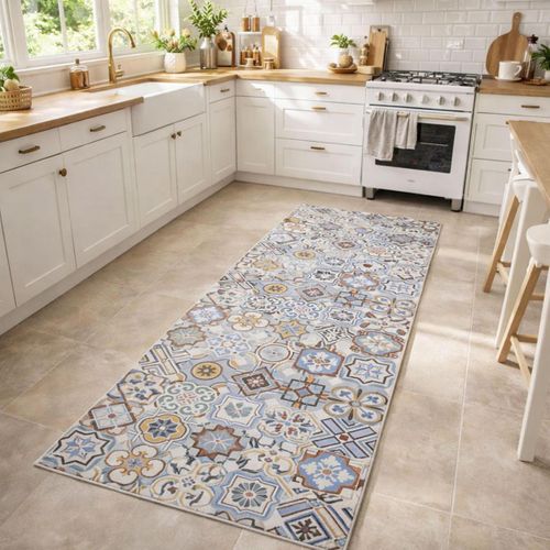 Tapis Cuisine 120x170 En Pvc Bleu Et Gris Motif Géométrique Pkit