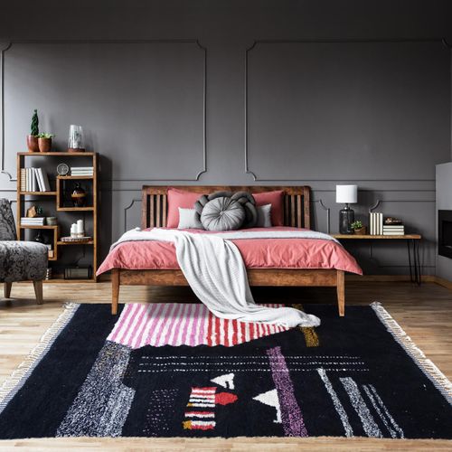 Authentique Tapis Berbère 220x360 Fait à La Main En Laine Noir Et Rouge Beni Ouarain De