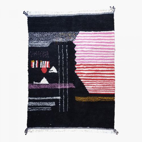 Authentique Tapis Berbère 220x360 Fait à La Main En Laine Noir Et Rouge Beni Ouarain De