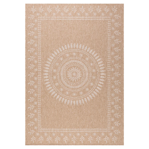 Tapis Rond D'extérieur D.120cm Tissé Kilim Beige Et Blanc Jute Art 6