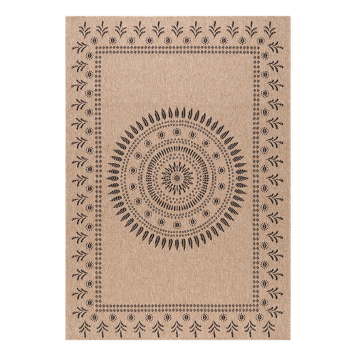 Tapis Rond D'extérieur D.80cm Tissé Kilim Beige Et Noir Jute Art 6