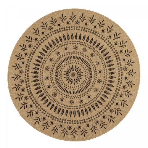 Tapis Rond D'extérieur D.120cm Tissé Kilim Beige Et Noir Jute Art 6