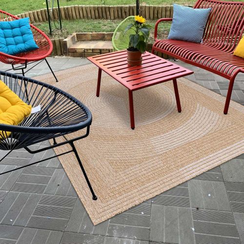 Tapis Extérieur Ø80cm Rond Tissé Kilim Beige Et Blanc Jute Art 7