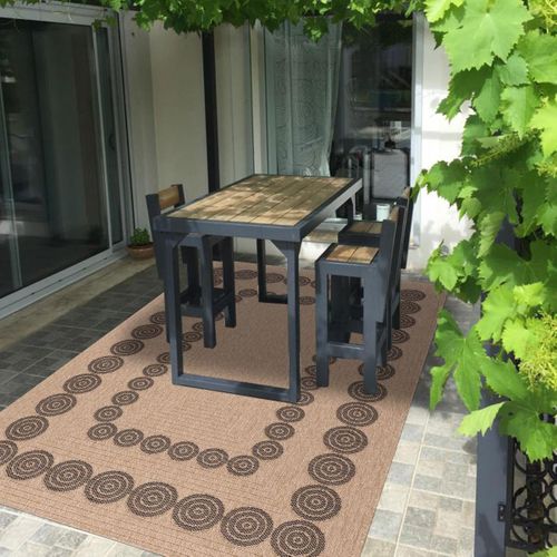Tapis Rond D'extérieur D.80cm Tissé Kilim Beige Et Noir Jute Art 8