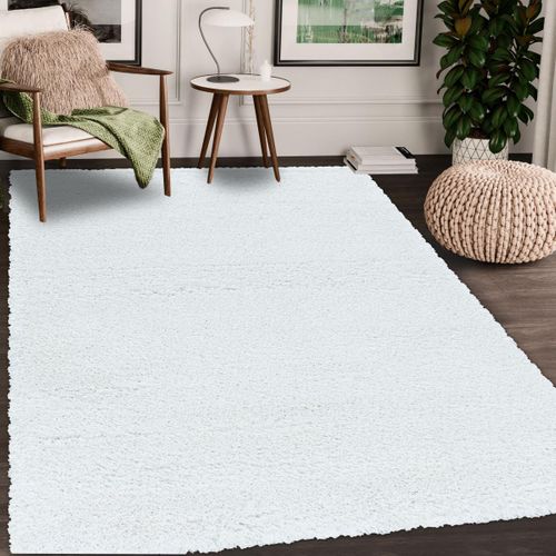 Tapis Poils Longs Shaggy Ø200cm Rond Tissé Blanc Motif Uni Uni B