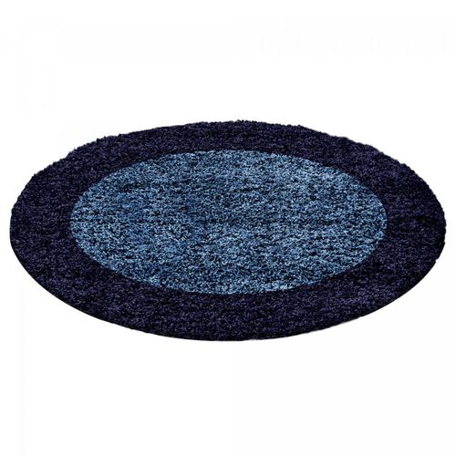 Tapis Rond Poils Longs Shaggy D.160cm Tissé Bleu Et Bleu Foncé Motif Simple