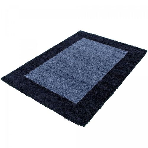 Tapis Rond Poils Longs Shaggy D.160cm Tissé Bleu Et Bleu Foncé Motif Simple
