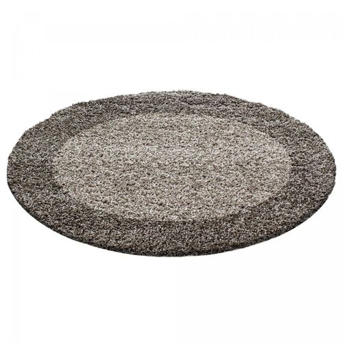 Tapis Poils Longs Shaggy Ø200cm Rond Tissé Beige Et Taupe Motif Simple Bordure