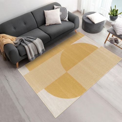 Tapis Chambre 120x170 Tissé Beige Et Jaune Rectangle Motif Géométrique Contuni