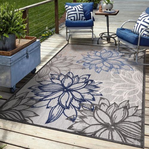 Tapis Extérieur Ø150cm Rond Tissé Kilim Gris Et Bleu Chimeko