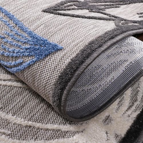 Tapis Extérieur Ø150cm Rond Tissé Kilim Gris Et Bleu Chimeko