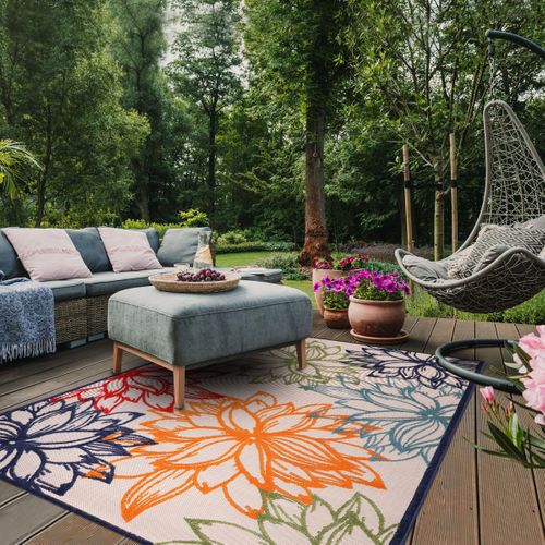 Tapis Extérieur Ø120cm Rond Tissé Kilim Bleu Et Beige Chimeko