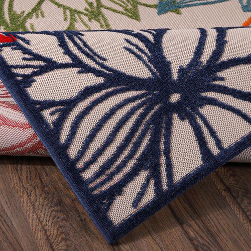 Tapis Extérieur Ø120cm Rond Tissé Kilim Bleu Et Beige Chimeko