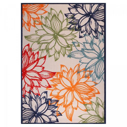 Tapis Extérieur Ø150cm Rond Tissé Kilim Bleu Et Beige Chimeko