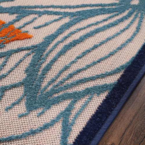 Tapis Extérieur Ø150cm Rond Tissé Kilim Bleu Et Beige Chimeko