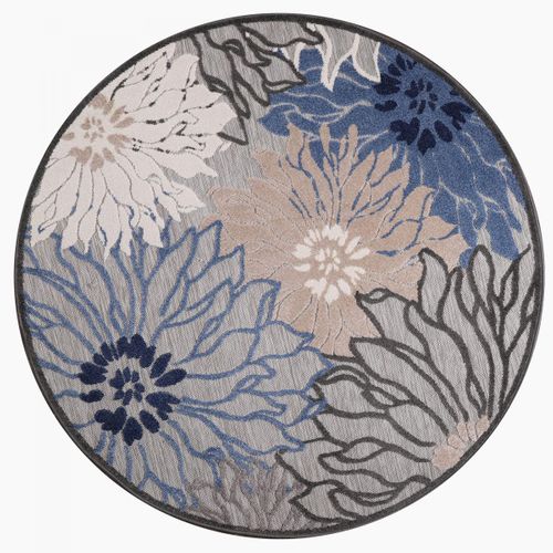 Tapis Rond D'extérieur D.150cm Tissé Kilim Bleu Et Gris Chimeka