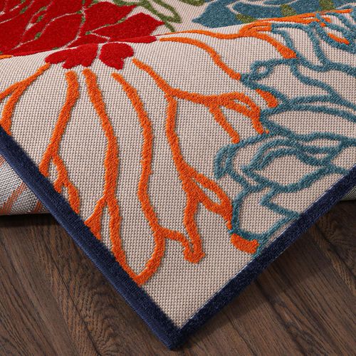 Tapis Extérieur Ø120cm Rond Tissé Kilim Bleu Et Beige Chimeka