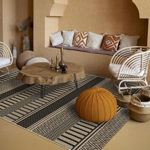 Tapis Kilim 200x290 Rectangle Tissé Noir Et Beige Motif Ethnique Lona 1