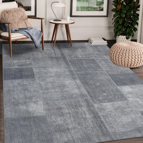 Tapis Salon 155x230 Tissé Gris Et Bleu Rectangle Motif Faux Uni Nikal