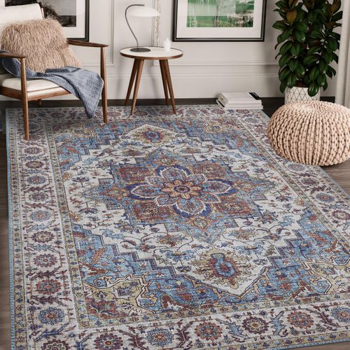 Tapis Chambre 120x170 Tissé Bleu Et Blanc Rectangle Motif Oriental Nikel