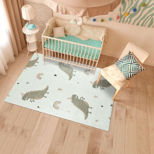 Tapis Enfant 120x160 Rectangle Tissé Vert Et Crème Monstro