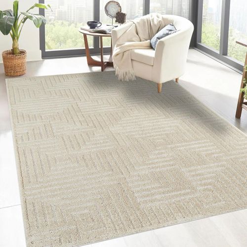 Tapis Salle à Manger 160x230 Tissé Crème Rectangle Motif Géométrique Elegance D