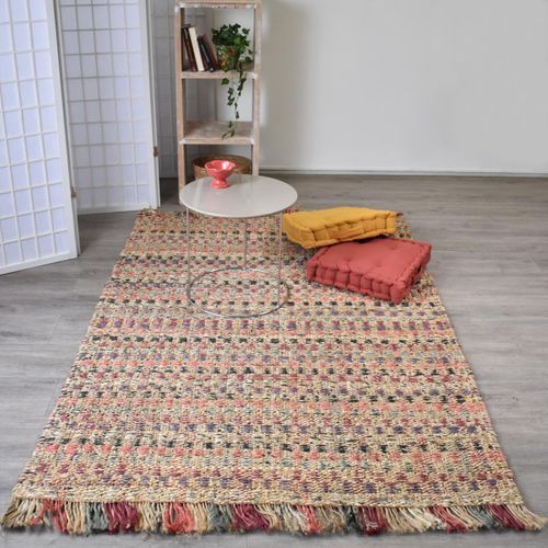 Tapis Jute 120x170 Fait à La Main Beige Et Bordeaux Square