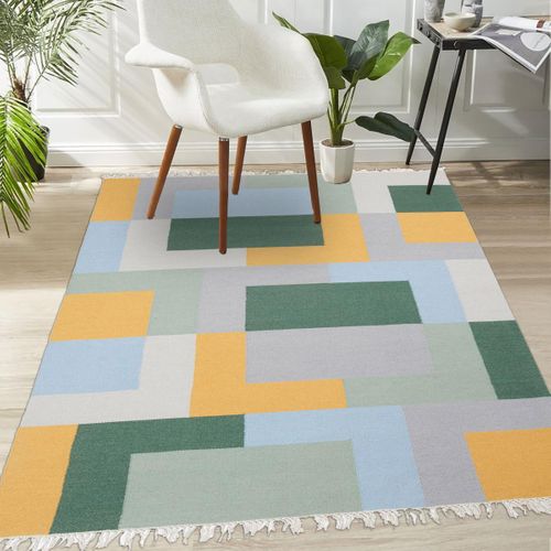 Tapis Kilim 200x290 Rectangle Fait Main En Laine Jaune Et Vert