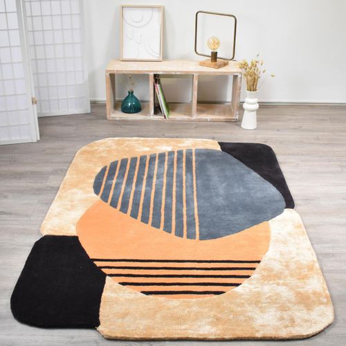 Tapis Salle à Manger 200x290 Fait Main En Laine Beige Et Bleu