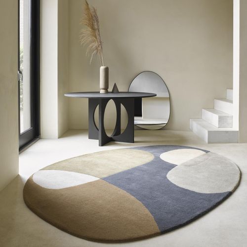 Tapis Chambre 160x230 Fait à La Main En Laine Bleu Et Vert Ovale Motif Abstrait