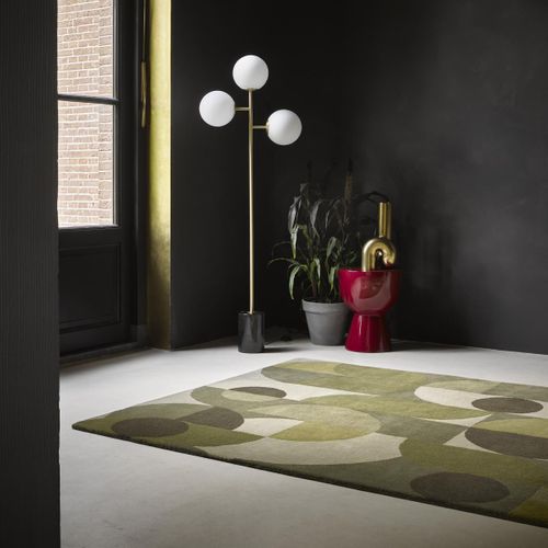 Tapis Chambre 160x230 Fait à La Main En Laine Vert Et Beige Motif Seventies