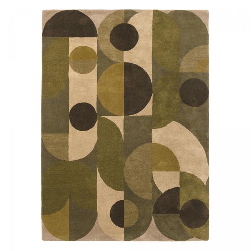 Tapis Chambre 160x230 Fait à La Main En Laine Vert Et Beige Motif Seventies