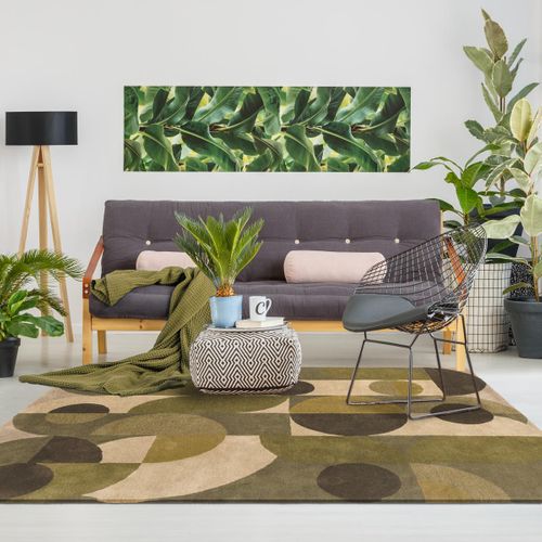 Tapis Chambre 160x230 Fait à La Main En Laine Vert Et Beige Motif Seventies