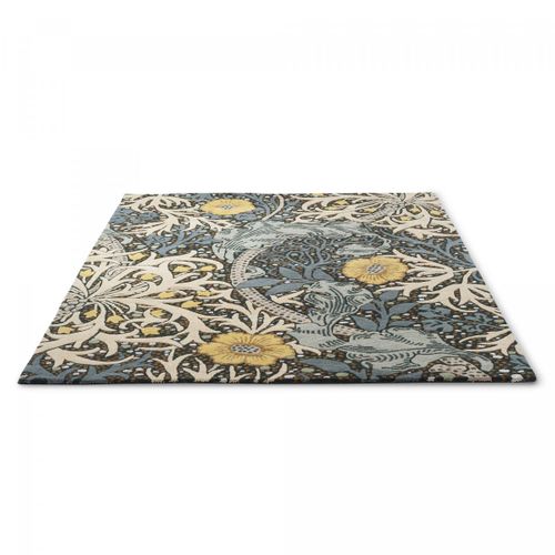 Tapis Salon 200x280 Fait à La Main En Laine Bleu Et Jaune Motif Floral