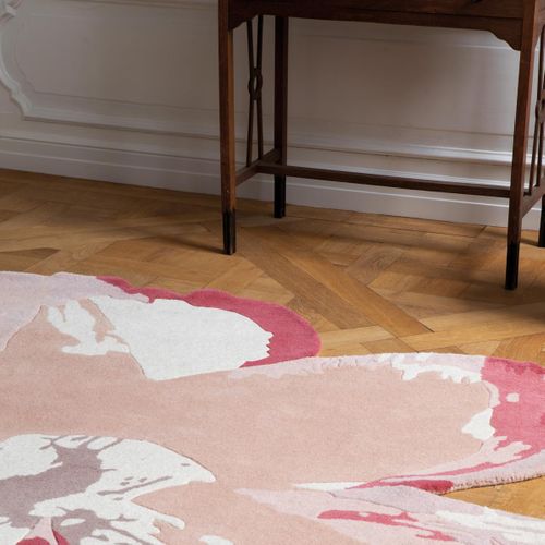 Tapis Salon 150x150 Fait à La Main En Laine Rose Clair Motif Floral