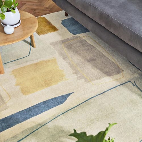 Tapis Chambre 160x230 Fait à La Main En Laine Beige Et Jaune Motif Abstrait