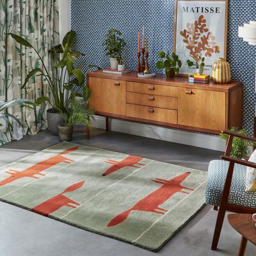 Tapis Enfant 90x150 Fait à La Main En Laine Vert Pastel Et Rouge Mr Fox