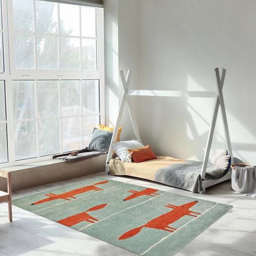 Tapis Enfant 120x180 Fait à La Main En Laine Vert Pastel Et Rouge Mr Fox