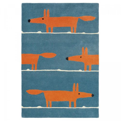 Tapis Enfant 90x150 Fait à La Main En Laine Bleu Et Orange Mr Fox