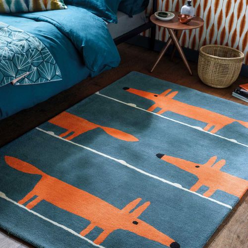 Tapis Enfant 120x180 Fait à La Main En Laine Bleu Et Orange Mr Fox
