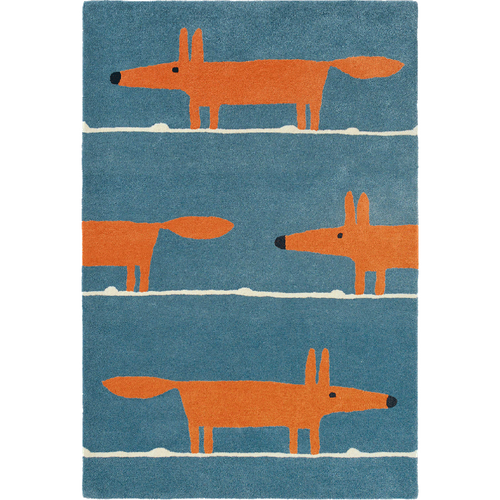 Tapis Enfant 140x200 Fait à La Main En Laine Bleu Et Orange Mr Fox