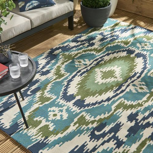 Tapis Extérieur 250x350 Tissé Kilim Vert Et Bleu Ixora
