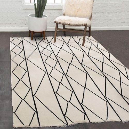 Tapis Open Space 300x400 Fait Main En Laine Beige Et Noir Motif Scandinave