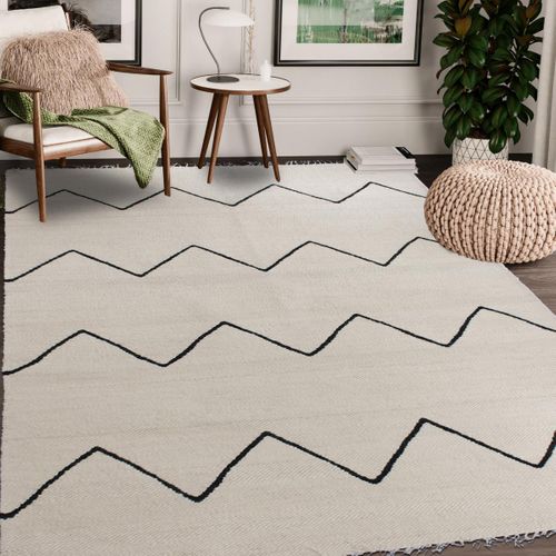 Tapis Grand Salon 250x350 Fait Main En Laine Beige Et Noir Motif Berbère