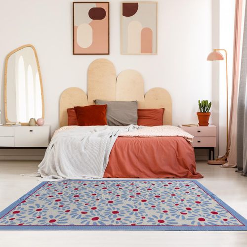 Tapis Extérieur 250x350 Kilim Fait Main Bleu Et Rouge Daisy