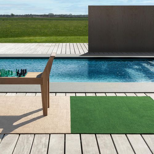Tapis Extérieur 140x200 Kilim Fait Main En Pet Vert Et Beige Deck